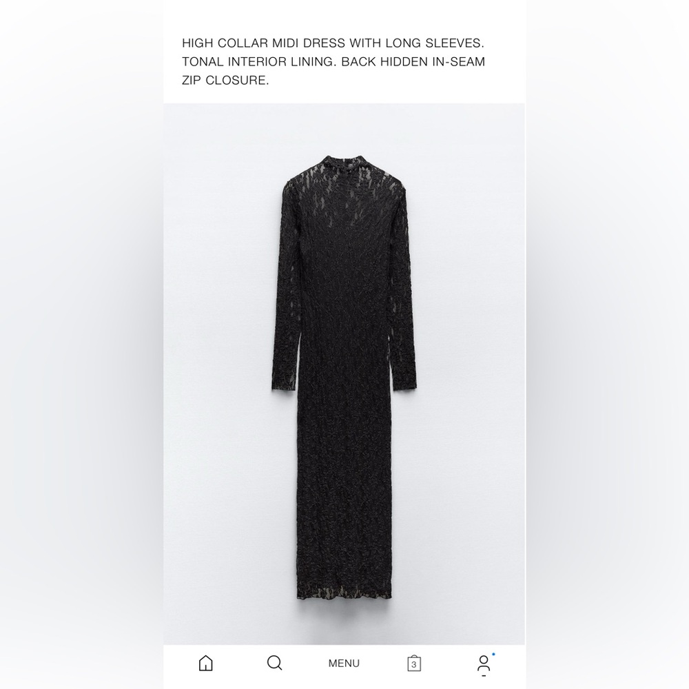 Zara High Collar Long Sleeve Black Lace Dress